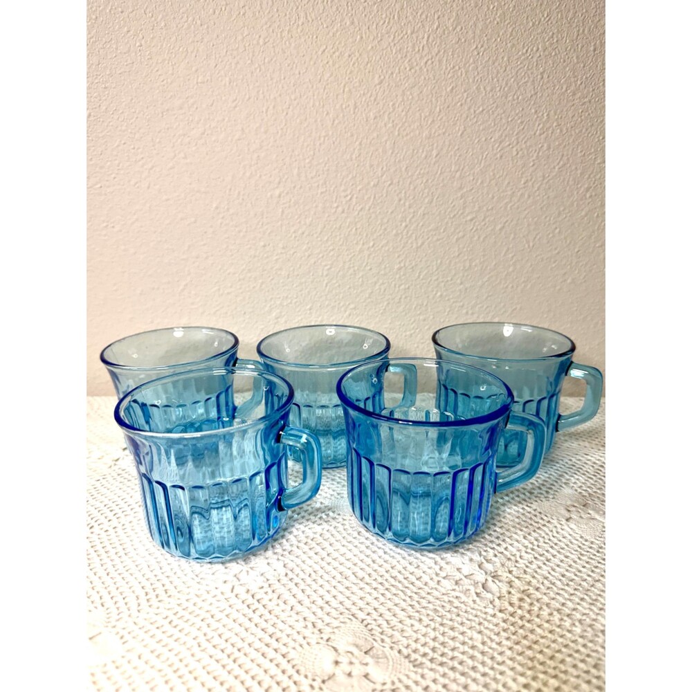 Vintage Fortecrisa Azure Ribbed Glass Cups | Set of 5 Mexican Drinkware